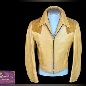 70s Vintage Butterscotch Tan Leather and Suede Western Rockstar Jacket / S M